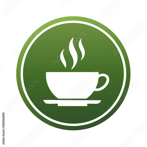 Steaming hot cup of coffee or tea in a white minimalist icon, inside a green circle with a subtle gradient.