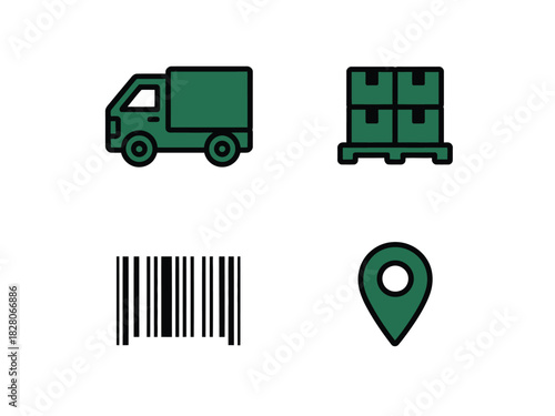 A truck, pallet of boxes, barcode, and location pin represent logistics and shipping services.
