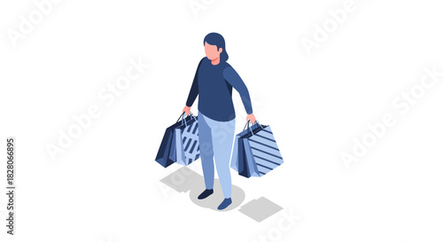 Isometric person shopping with bags in casual outfit