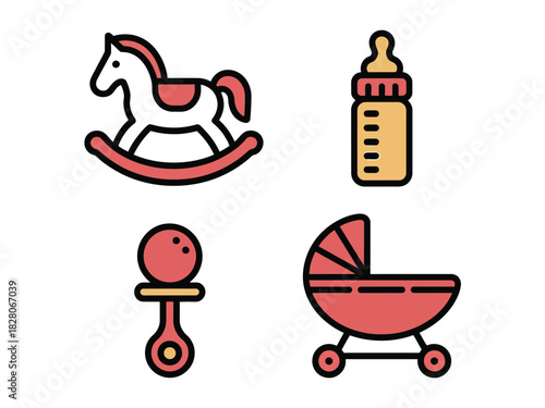 A rocking horse, baby bottle, rattle, and stroller are shown as icons.