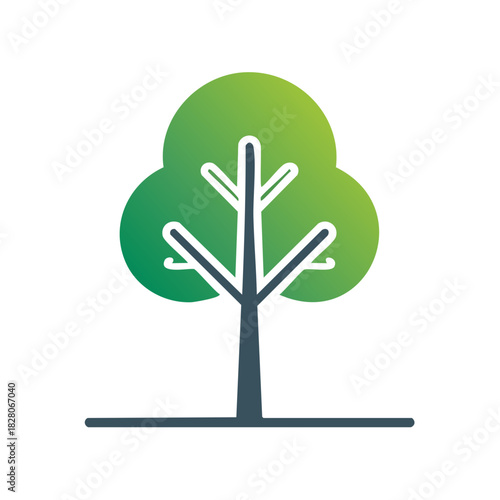 Stylized green tree icon with abstract branches and trunk on a simple horizontal line ground