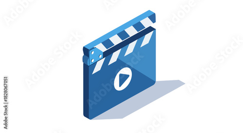Isometric blue movie clapperboard with play button icon for digital media themes