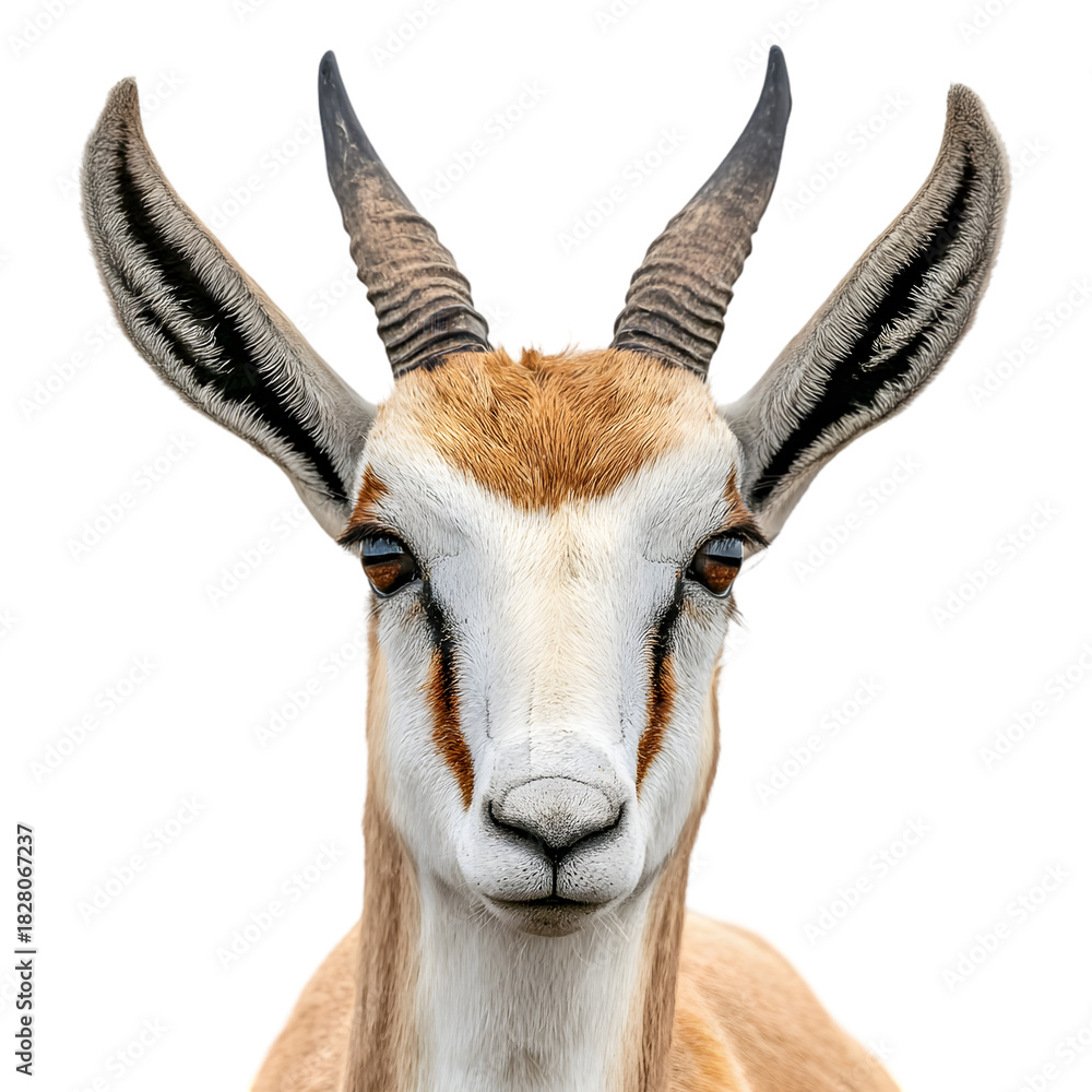 Fototapeta premium Close up portrait of a majestic springbok antelope with distinctive horns and markings isolated on transparent background