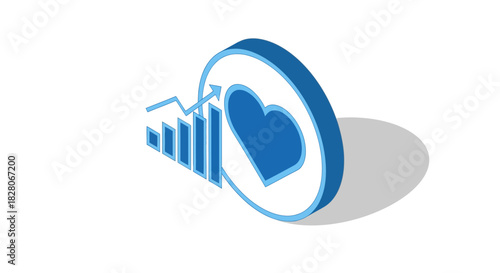3d isometric blue heart and rising graph with arrow on white background