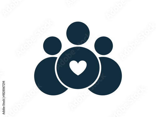 Three dark blue figures are grouped together with a white heart in the center figure.