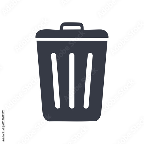 Simple dark grey trash bin icon with handle and vertical slats