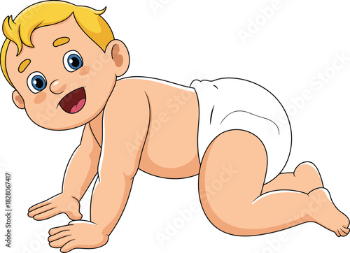 Cute cartoon baby boy with blonde hair crawling in white diaper smiling happily vector illustration isolated on white background.