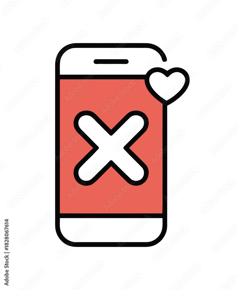 Obraz premium A smartphone displays a large white X symbol and a small heart icon on its screen.