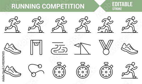 Marathon race and sprint event linear vector icons