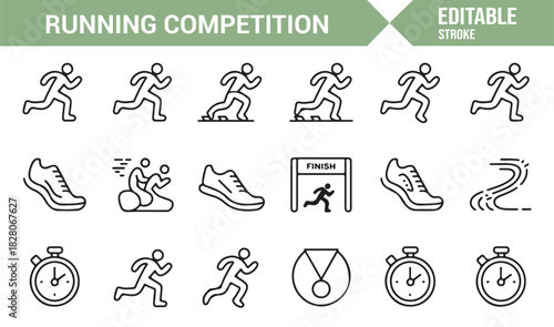 Outline icon set of runners, shoes, clocks, and medals
