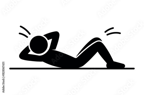A stylized figure performs a sit-up exercise on a flat surface.