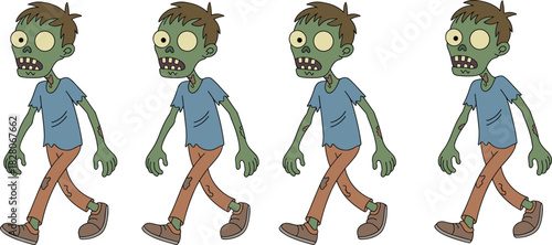 Green cartoon zombie character walking cycle sprite sheet for video game animation vector illustration isolated on white.