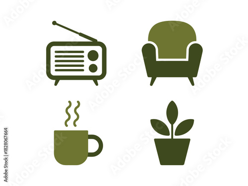 A collection of four icons representing home and leisure activities.