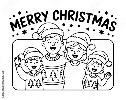 A happy family wearing Christmas hats and sweaters wishes everyone a Merry Christmas.