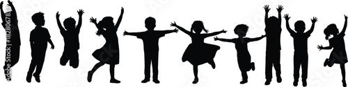 Group of happy children silhouettes jumping dancing and playing together vector illustration isolated on white background.