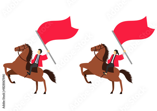 馬に乗り旗を持つ赤い法被を着た男性と女性のセット
