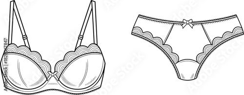Hand drawn women lingerie set featuring lace bra and panties line art vector illustration isolated on white background.