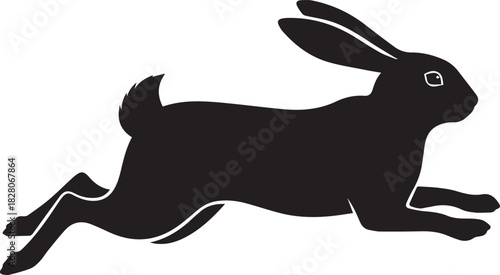 Silhouette of a rabbit in mid leap against a white background
