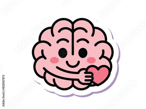 A cute cartoon brain character hugs a pink heart with a happy expression.