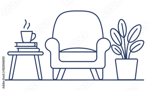 A comfortable armchair sits next to a side table with books and a hot beverage.