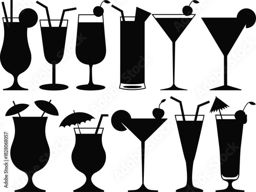 Set of black cocktail glass silhouettes featuring tropical drinks with straws and umbrellas vector illustration.