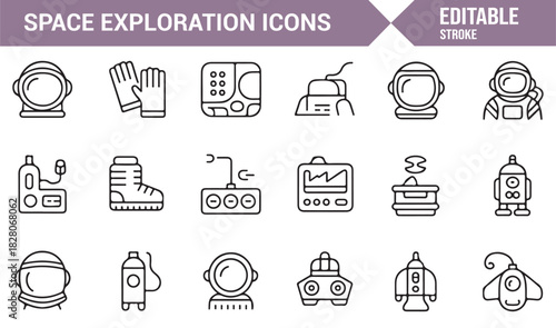 Space operations and astronaut equipment minimalist icon pack