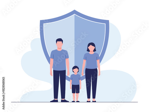 A family stands in front of a protective shield, symbolizing security and safety.