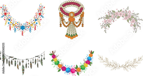 Collection of colorful floral garlands and decorative ornaments isolated on transparent background, perfect for festive occasions