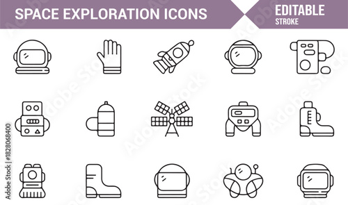 Astronaut equipment and space mission line-art icon collection