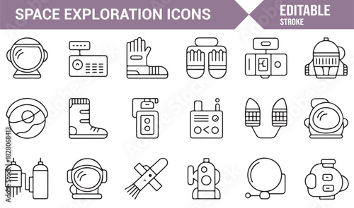 Minimalist vector icons of helmets, suits, panels, and space tools