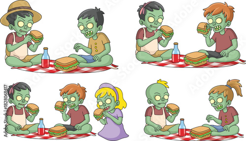 Set of cute cartoon zombie kids having a picnic eating sandwiches and drinking red juice vector illustration isolated.