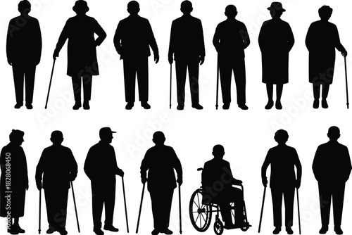 Set of elderly people silhouettes featuring seniors with canes and wheelchairs vector illustration isolated on white.