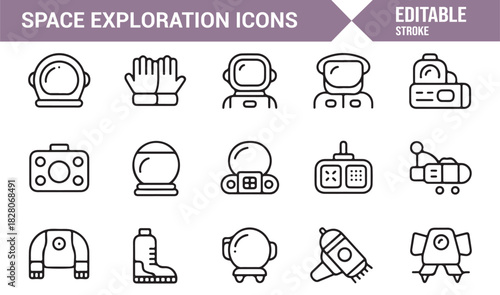 Space exploration outline icon set with astronaut gear and equipment
