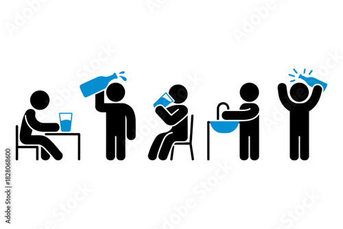 Set of five stick figure icons illustrating different steps of drinking water or beverage