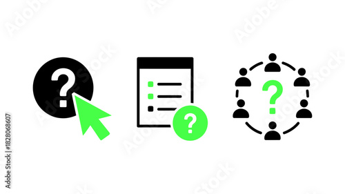 Set of three icons representing question mark click, checklist, and group problem solving
