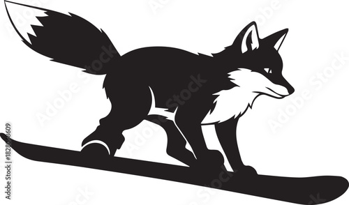 Black and white illustration of a fox snowboarding down a slope