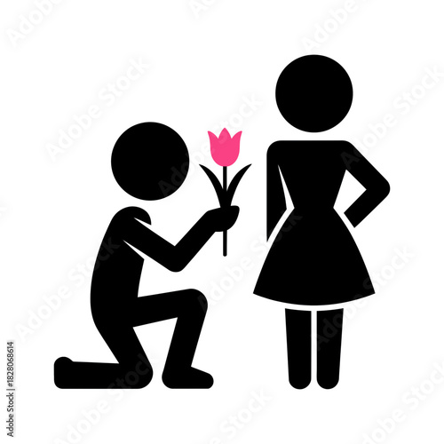 Stick figure man kneeling offering a pink flower to a standing stick figure woman