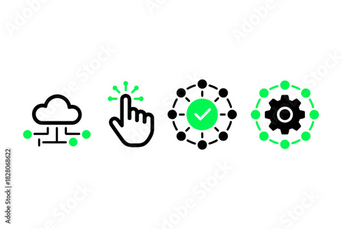 Set of four technology icons representing cloud network connection, user click, verification, and process setting