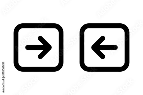 Set of two simple black outline icons showing right arrow and left arrow inside rounded square box