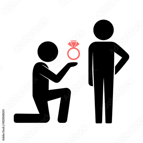 Stick figure proposing marriage with engagement ring to another person