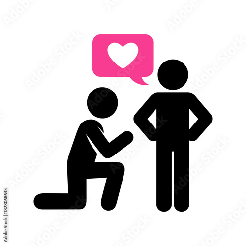 Stick figure proposing with love heart speech bubble to another stick figure