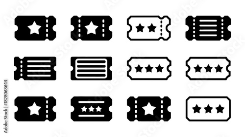 Collection of twelve different ticket icon set with star rating variation