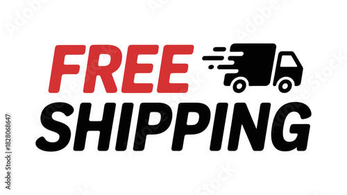Bold red and black text graphic advertising free shipping with a stylized delivery truck icon