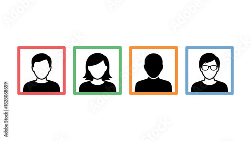 Four diverse user profile icons in colored square frames