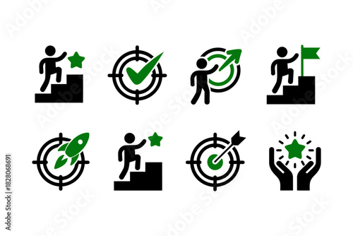 Set of achievement and goal setting icons representing success, progress, target, and reaching a star