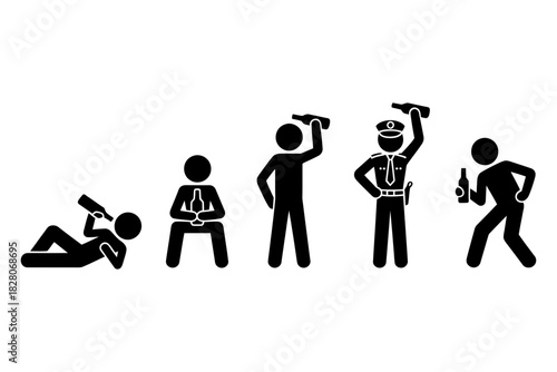 Progression of alcohol consumption stages depicted by stick figure