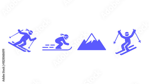 Set of blue silhouette icons representing skiing activity, snowboarder, and mountain peak