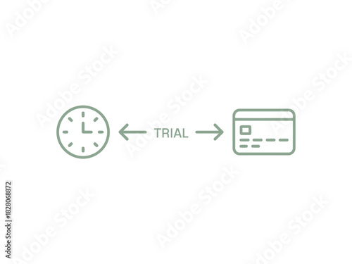 A clock and a credit card are shown with the word TRIAL between them, representing a trial period.
