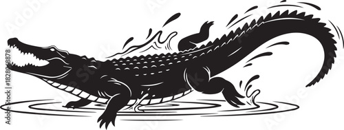 Black and white illustration of an alligator emerging from water