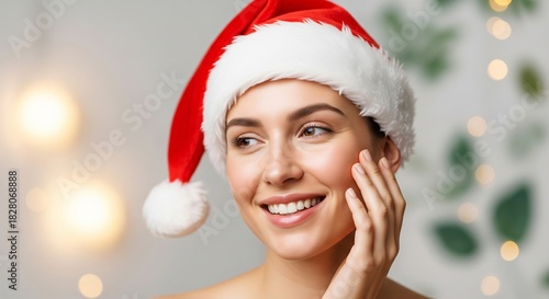 Beautiful young woman with glowing skin wearing a festive Santa hat, celebrating the holiday season with a natural, healthy look and a joyful smile, perfect for winter beauty and skincare promotions